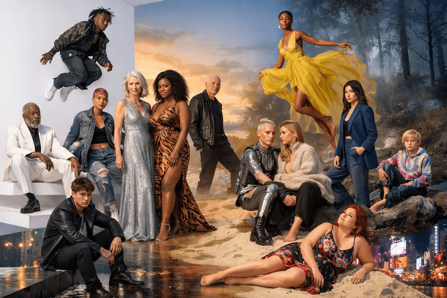 Models in contrasting lighting setups